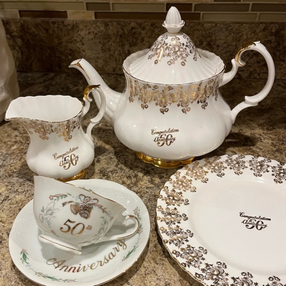 Vintage Royal Albert 50th Anniversary 6 C Teapot, Creamer, Plate, Lefton Tea Cup